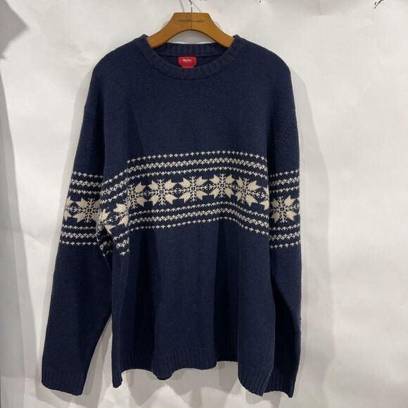 Lambs Wool Ski Sweater Men L Nordic Blue Fair Isle Crew Mossimo Vtg Tiny Flaw - Picture 1 of 9